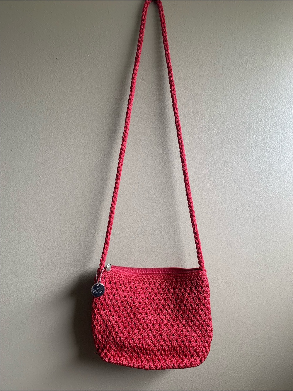 The Sak Small Deep Red Woven Crochet Crossbody Bag